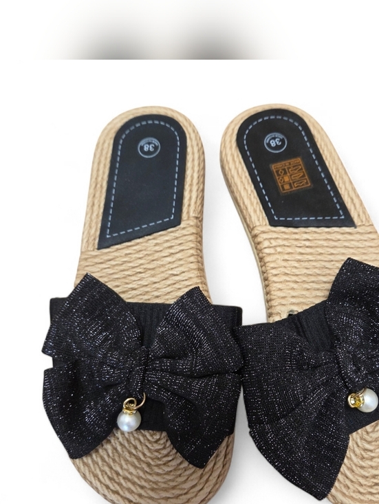 Shoes - Women's Black Bow Slide Sandals with Pearl Accent Size 7